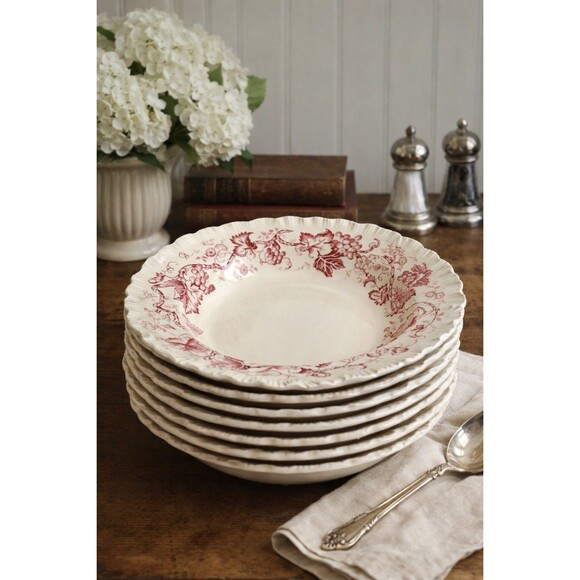 Wedgwood Other - Wedgwood England Red Transferware Soup Bowls Set of 8 Grapevine Scalloped Rim